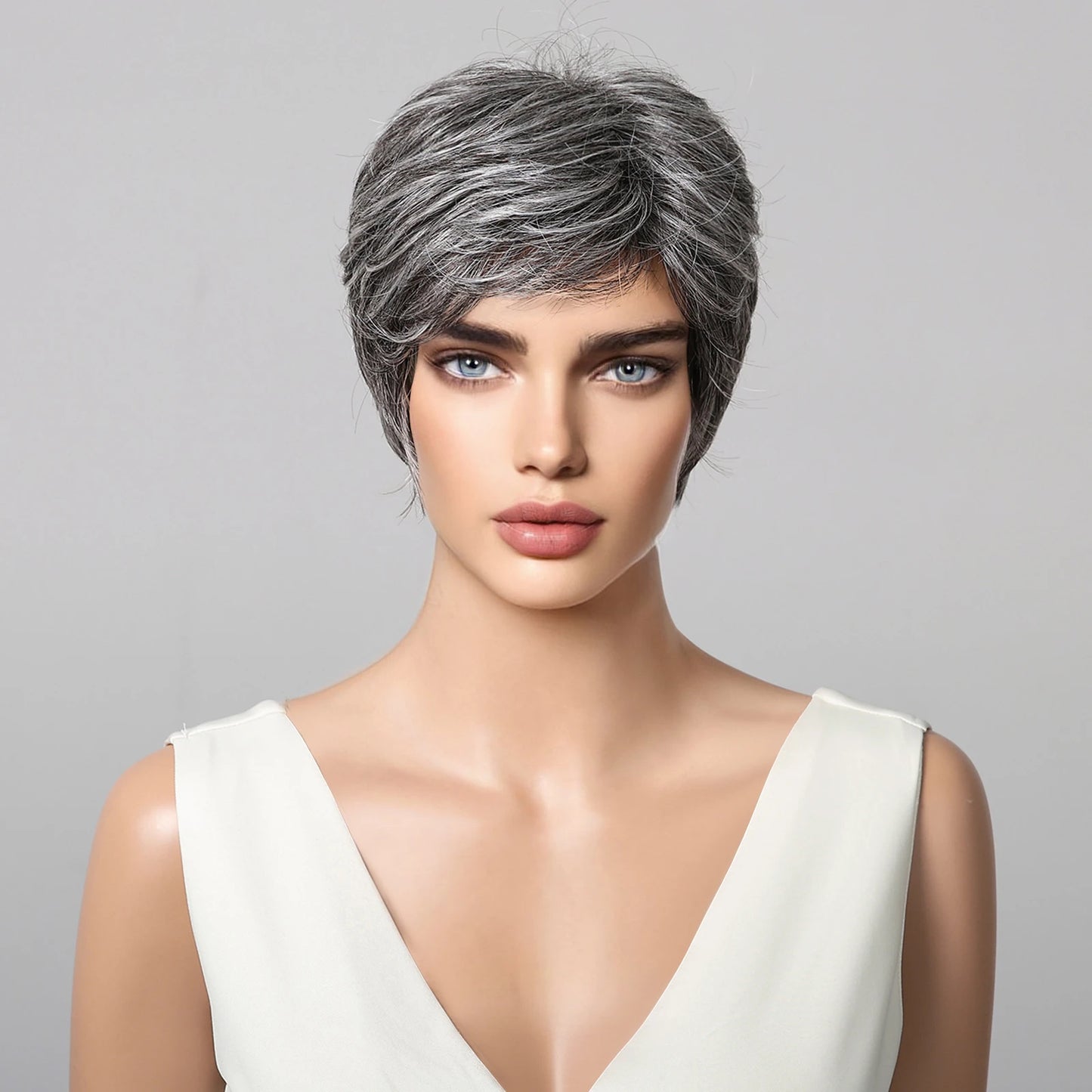 Short Pixie Cut Grey Human Hair Wig 8 Inch Layered Fashion Blend Human Hair Wig for Women Daily Use Hair Machine Made Cheap Wigs