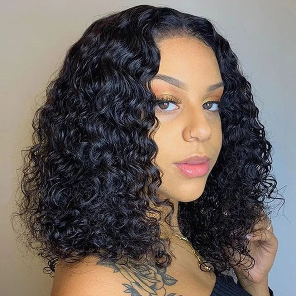 Short 8 to 16 Inch Water Wave Bob Human Hair Wig Pre Plucked 13X4 Lace Brazilian Curly Human Hair Bob Wigs For Women and Girls