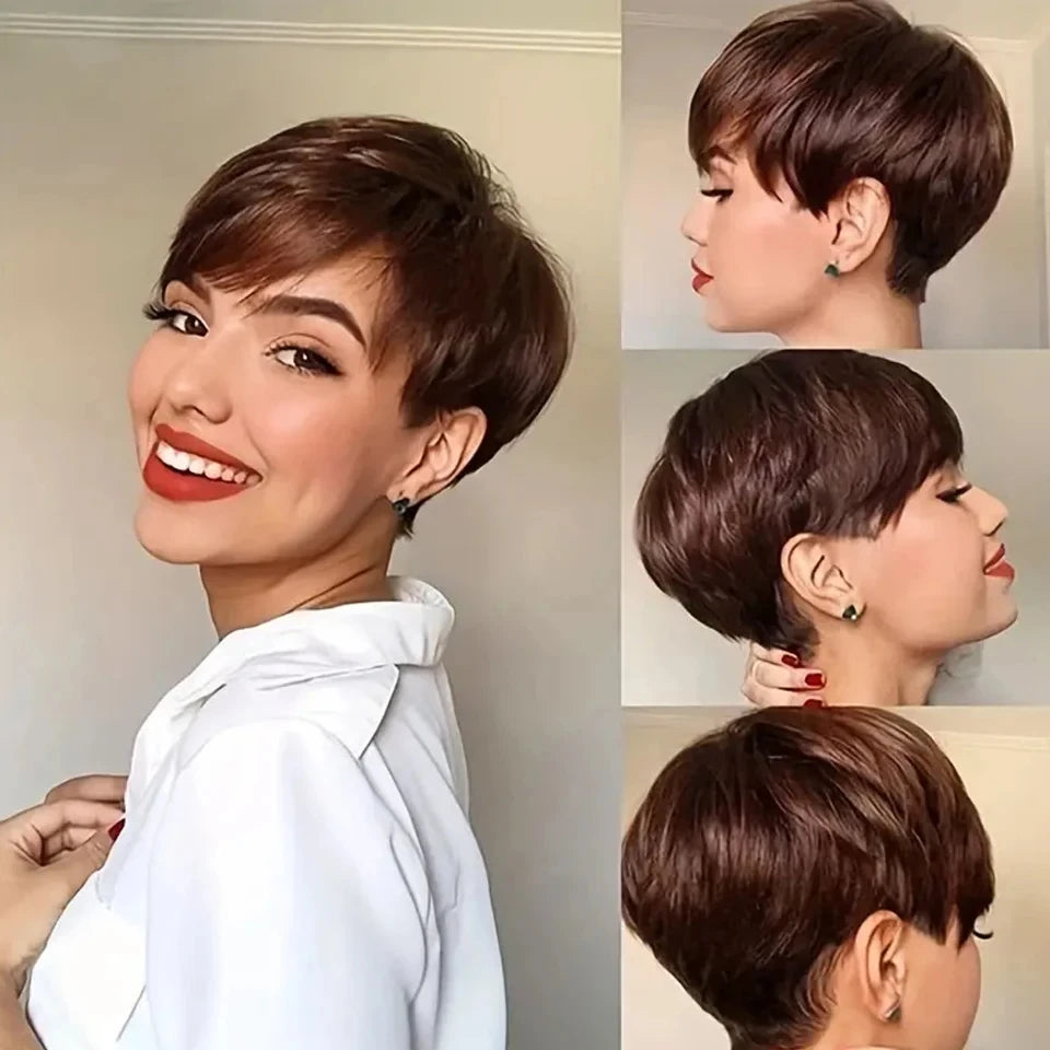 1B Pixie Short Cut Colored Straight Human Hair Wigs With Bangs Fringe Full Machine Made Wigs For Women Brazilian Natural Black