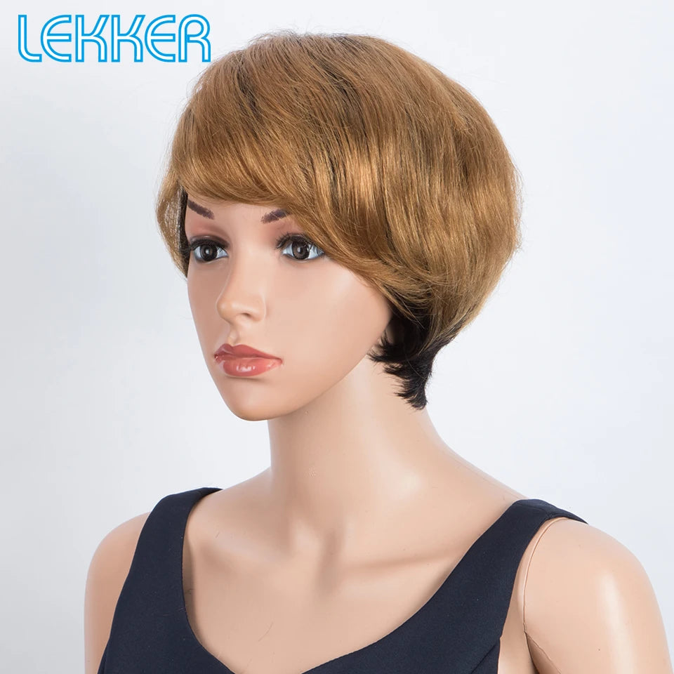 Lekker Highlight Gold Blonde Short Pixie Cut Human Hair Wigs For Women Glueless Brazilian Remy Hair Colored Full Machine Wigs