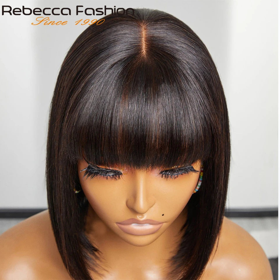 8-14” 180D Ready To Wear Straight Human Hair Bob Wigs With Bangs Fringe Brazilian Realastic Scalp Straight Lace Bob Wigs