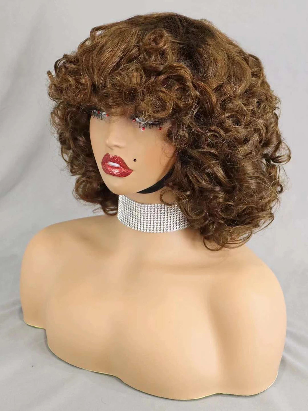 200% Density 99J# Burgundy Bouncy Curly Human Hair Wigs with Bangs Short Machine Made Loose Curly Bob Wigs PrePlucked for Women