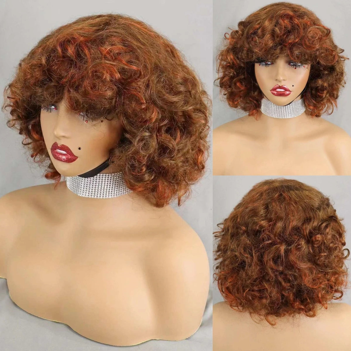 200% Density 99J# Burgundy Bouncy Curly Human Hair Wigs with Bangs Short Machine Made Loose Curly Bob Wigs PrePlucked for Women