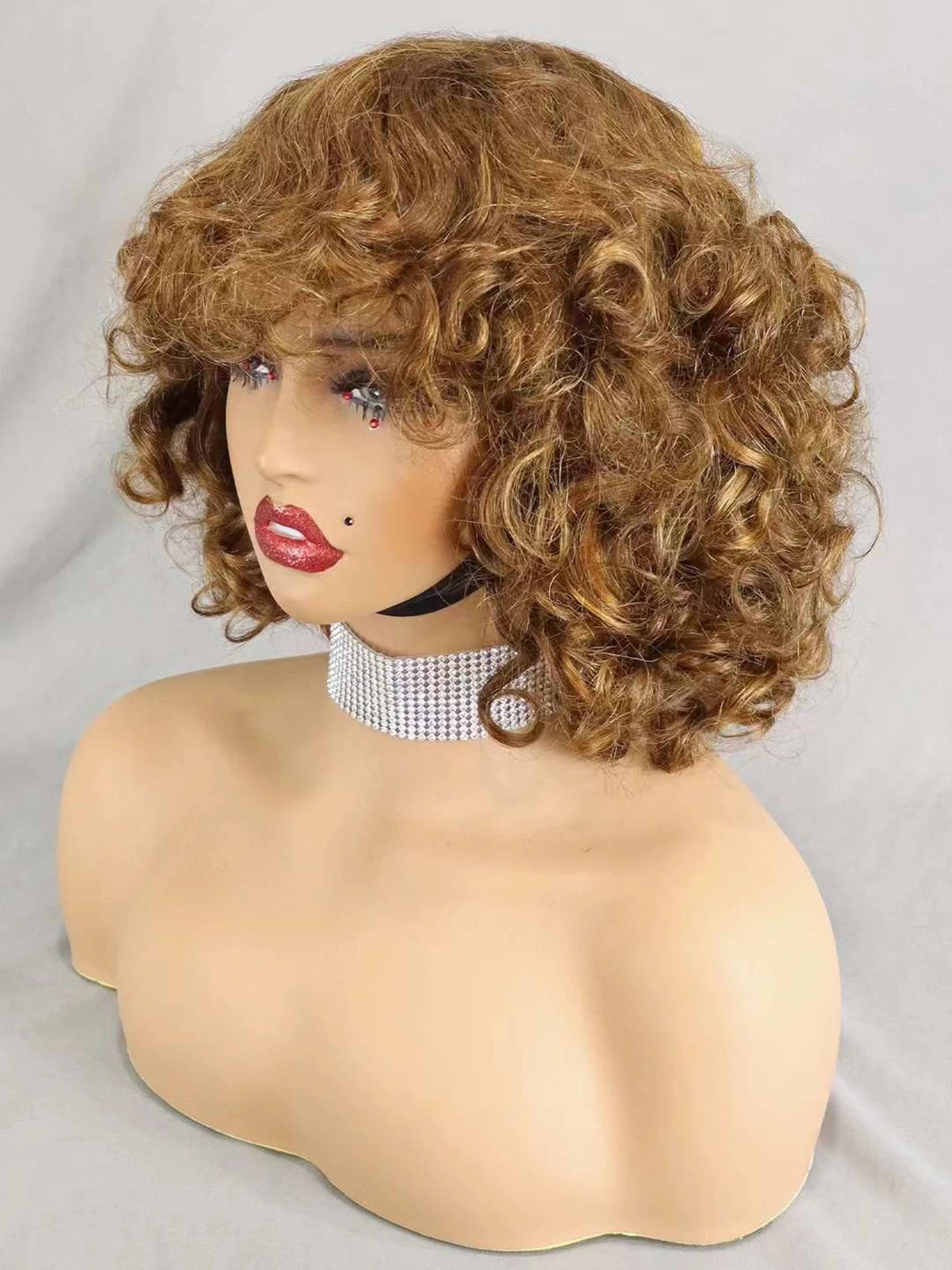 200% Density 99J# Burgundy Bouncy Curly Human Hair Wigs with Bangs Short Machine Made Loose Curly Bob Wigs PrePlucked for Women