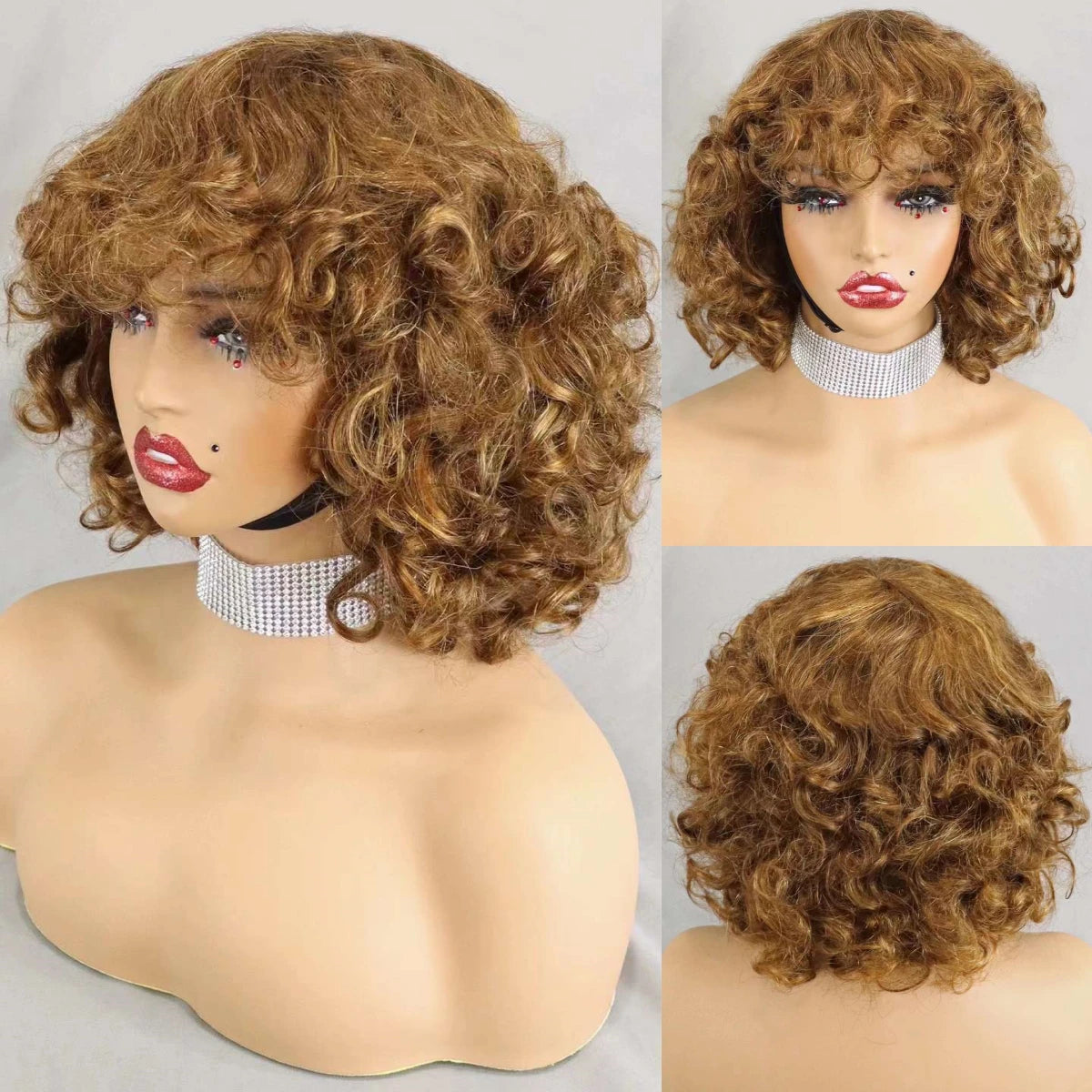 200% Density Brazilian Remy Human Hair Wigs Natural Loose Wave Machine Made Short Bob Wigs Curly Wigs With Bangs For Black Women