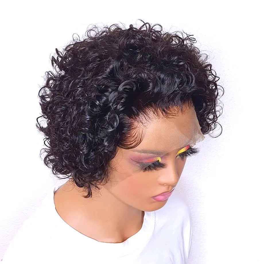 Short Pixie Cut Wig Human Hair 6 Inch 13x1  Brazilian Remy Hair Curly Bob Wig Transparent Lace Wig Preplucked Hairline Yarra