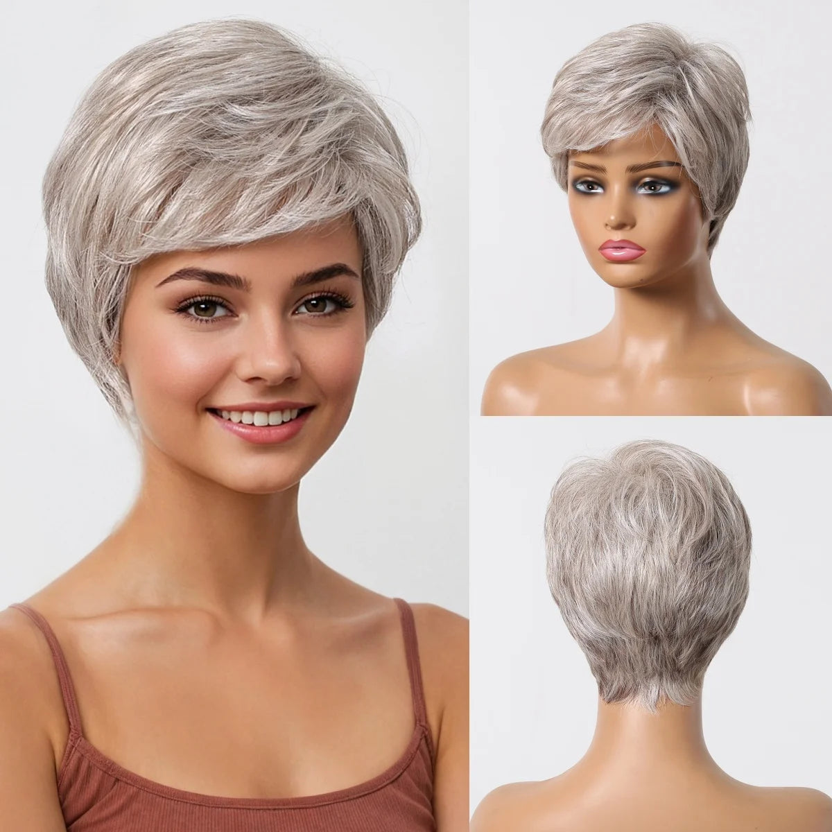 Short Pixie Cut Grey Human Hair Wig 8 Inch Layered Fashion Blend Human Hair Wig for Women Daily Use Hair Machine Made Cheap Wigs