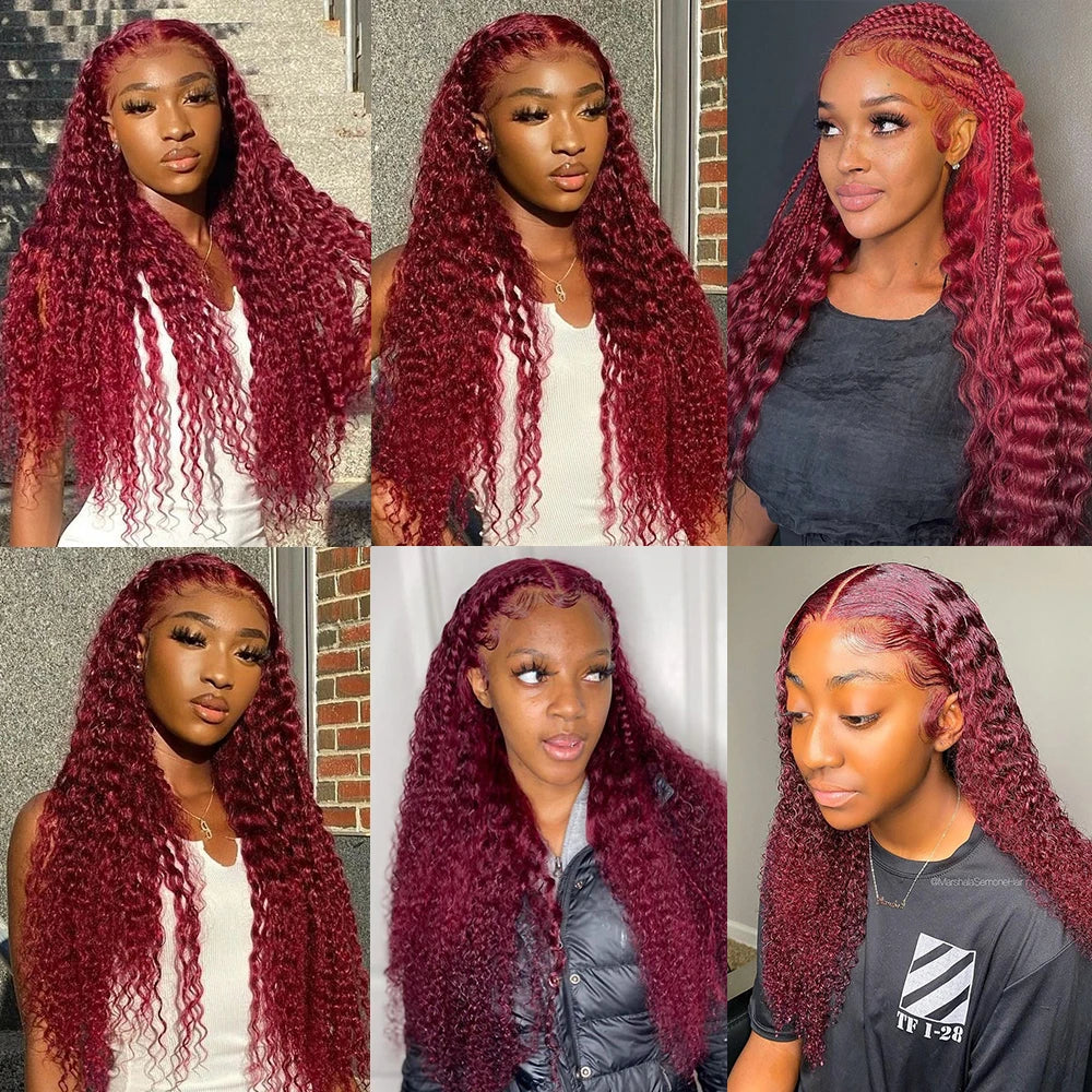 250 Density Glueless Red Colored 13x4 Human Hair Lace Frontal Wigs 40 Inch 99J Burgundy Curly Wigs Brazilian For Women