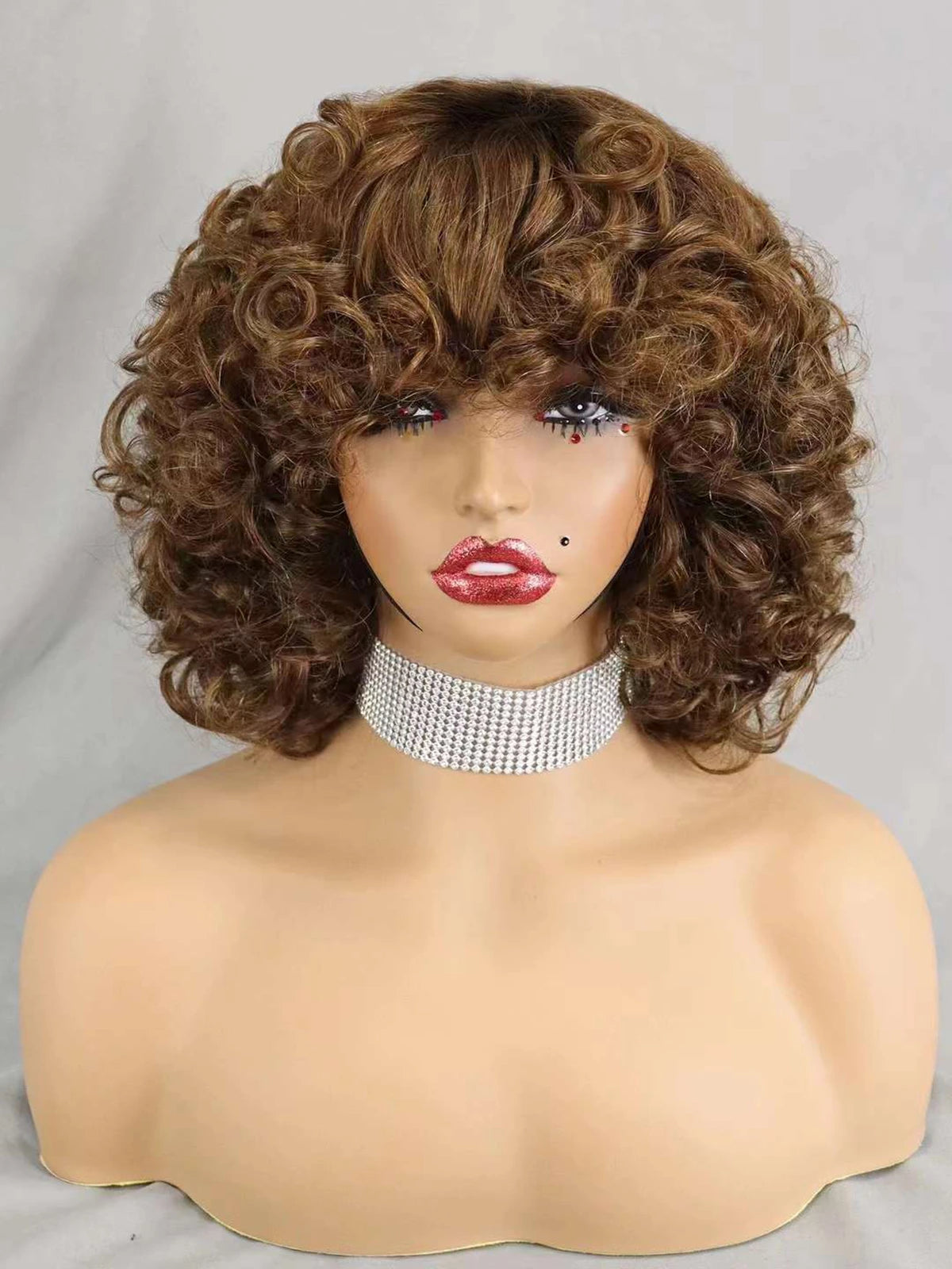 200% Density 99J# Burgundy Bouncy Curly Human Hair Wigs with Bangs Short Machine Made Loose Curly Bob Wigs PrePlucked for Women