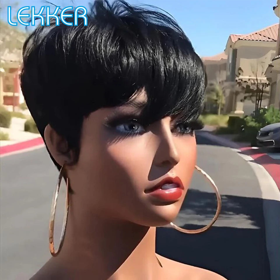 Lekker 99J Burg Red Short Pixie Cut Human Hair Wigs With Bangs For Women Brazilian Remy Hair Colored Straight Bob Full Machine