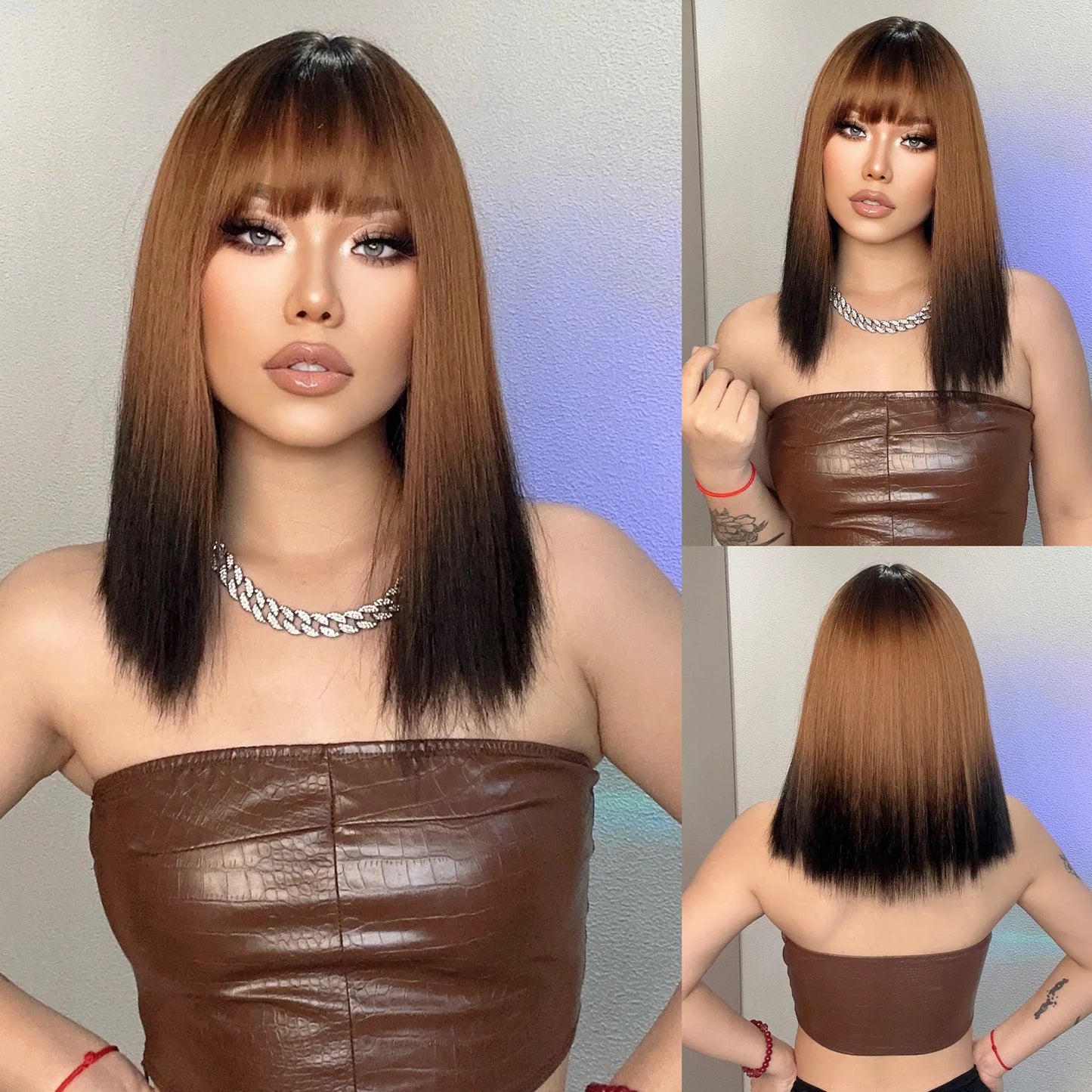 EASIHAIR Fashion Brown Blonde Highlight Synthetic Wigs Straight Hair with Bangs for Women Cosplay Daily Heat Resistant  Bob wig