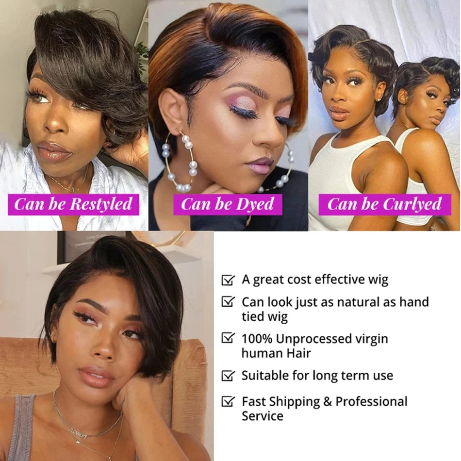 13X4 Transparent Lace Frontal Wig For Women Highlight Straight Pixie Cut Wig Short Bob Wig Pixie Cut Wig Straight Human Hair Wig