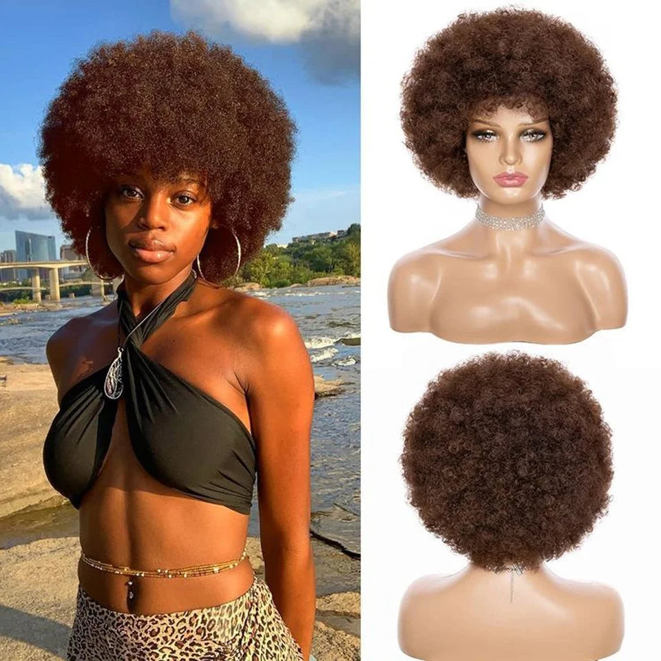 Fluffy Afro Kinky Curly Human Hair Wig With Thick Bangs 99J Red Short Bob Wigs For Black Women 180% Density Full Machine Hair