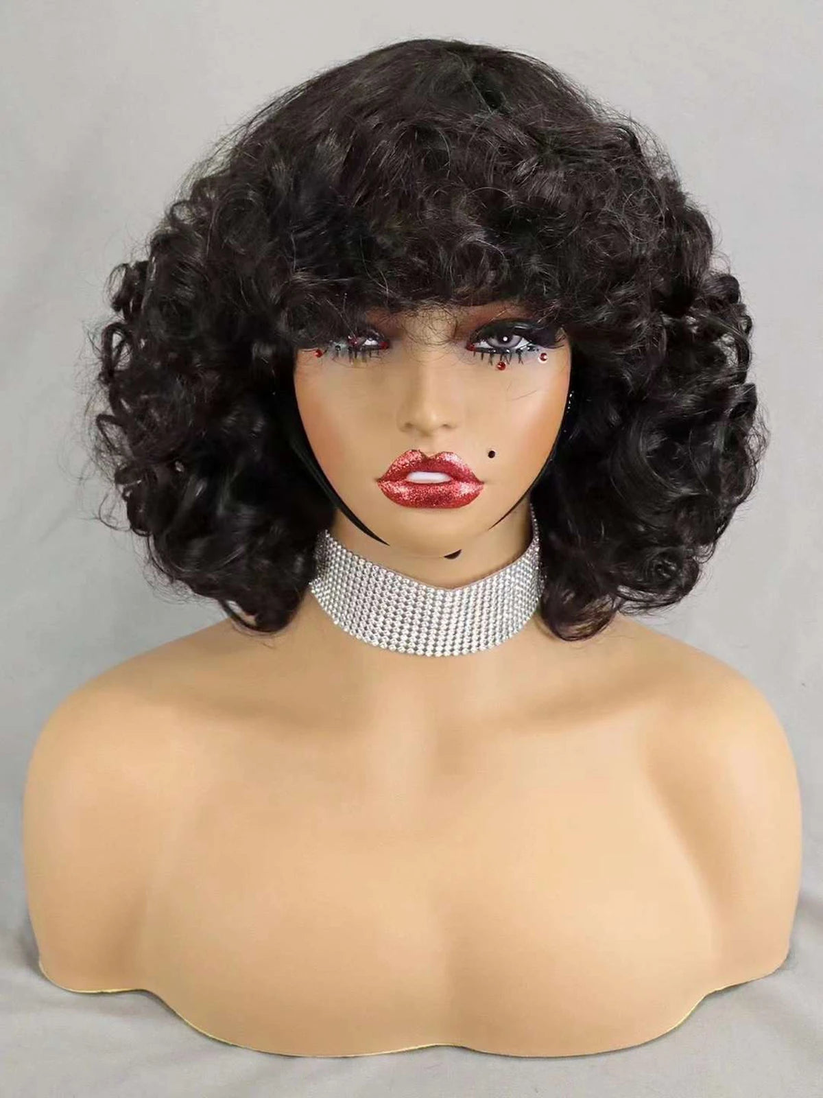 200% Density Brazilian Remy Human Hair Wigs Natural Loose Wave Machine Made Short Bob Wigs Curly Wigs With Bangs For Black Women