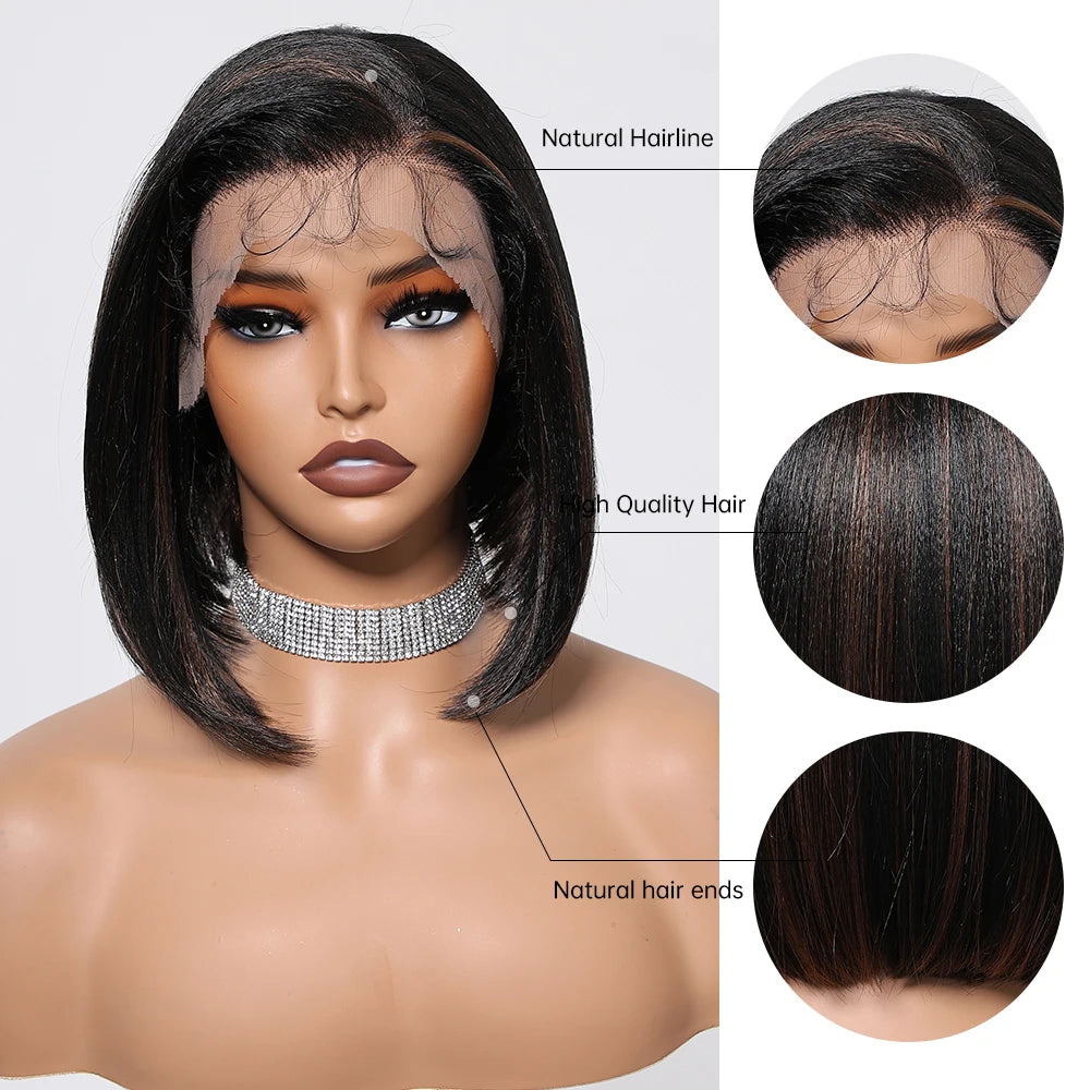 HENRY MARGU Black Bob Lace Front Wigs Brown Highlight Short Straight Daily Synthetic Wig 13*6 Lace Frontal Wig for Women Party