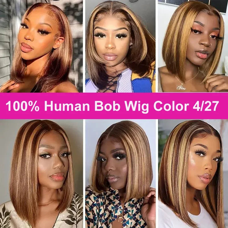 Highlight Wigs Human Hair Straight Bob Wig 4/27 Ombre 13x4 Lace Front Human Hair Wig 100% Remy Hair Pre Plucked Transparent Lace