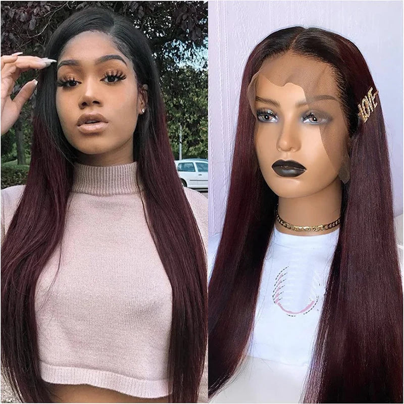 Ombre Hd Lace Front Human Hair Wigs Dark Red Colored Bone Straight Human Hair Wig Glueless Princess 99J Burgundy Brazilian Wigs