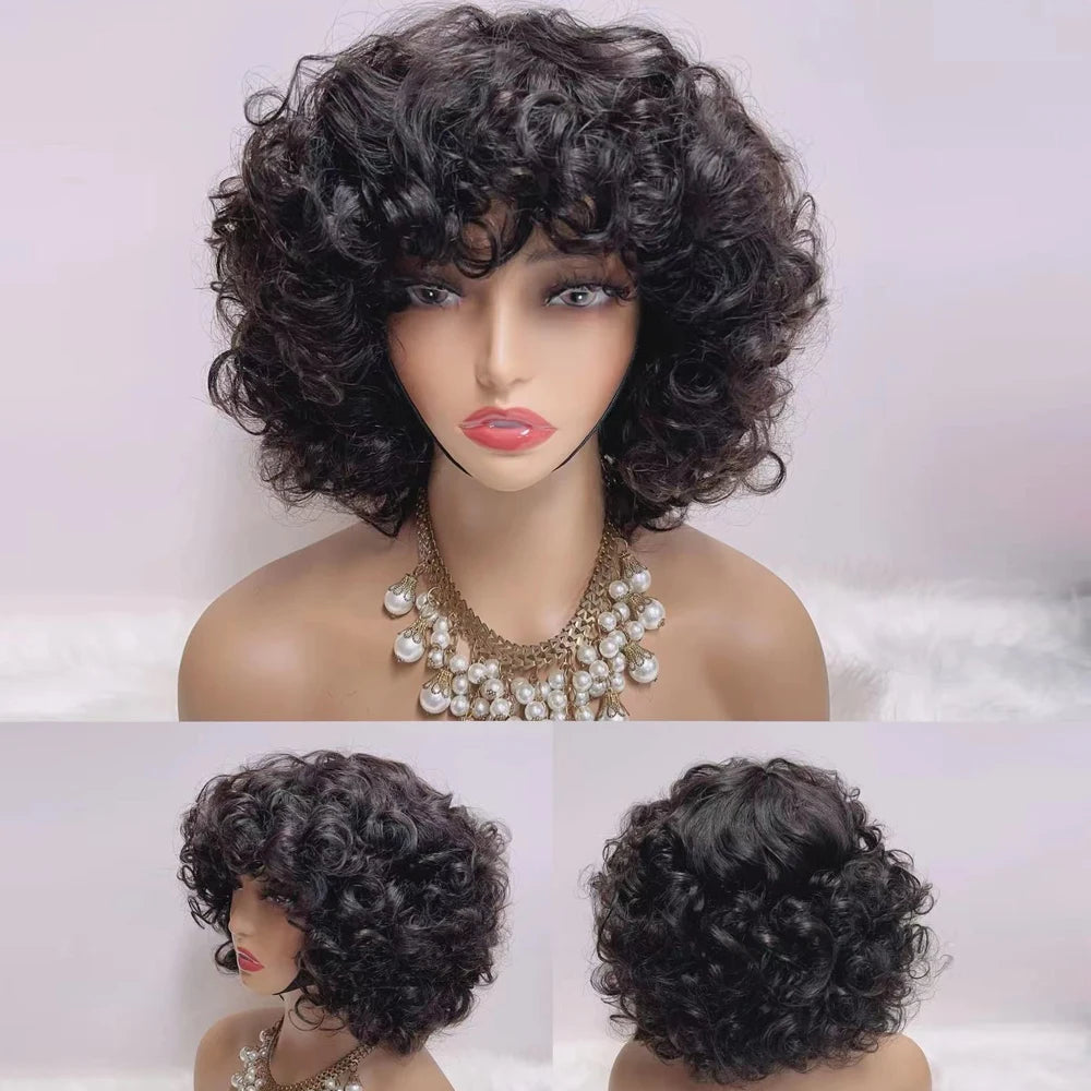 330% Density Brazilian Egg Curl Cut Wig Human Hair With Bangs Water Wave Short Bob Wig For Women Preplucked Local Delivery