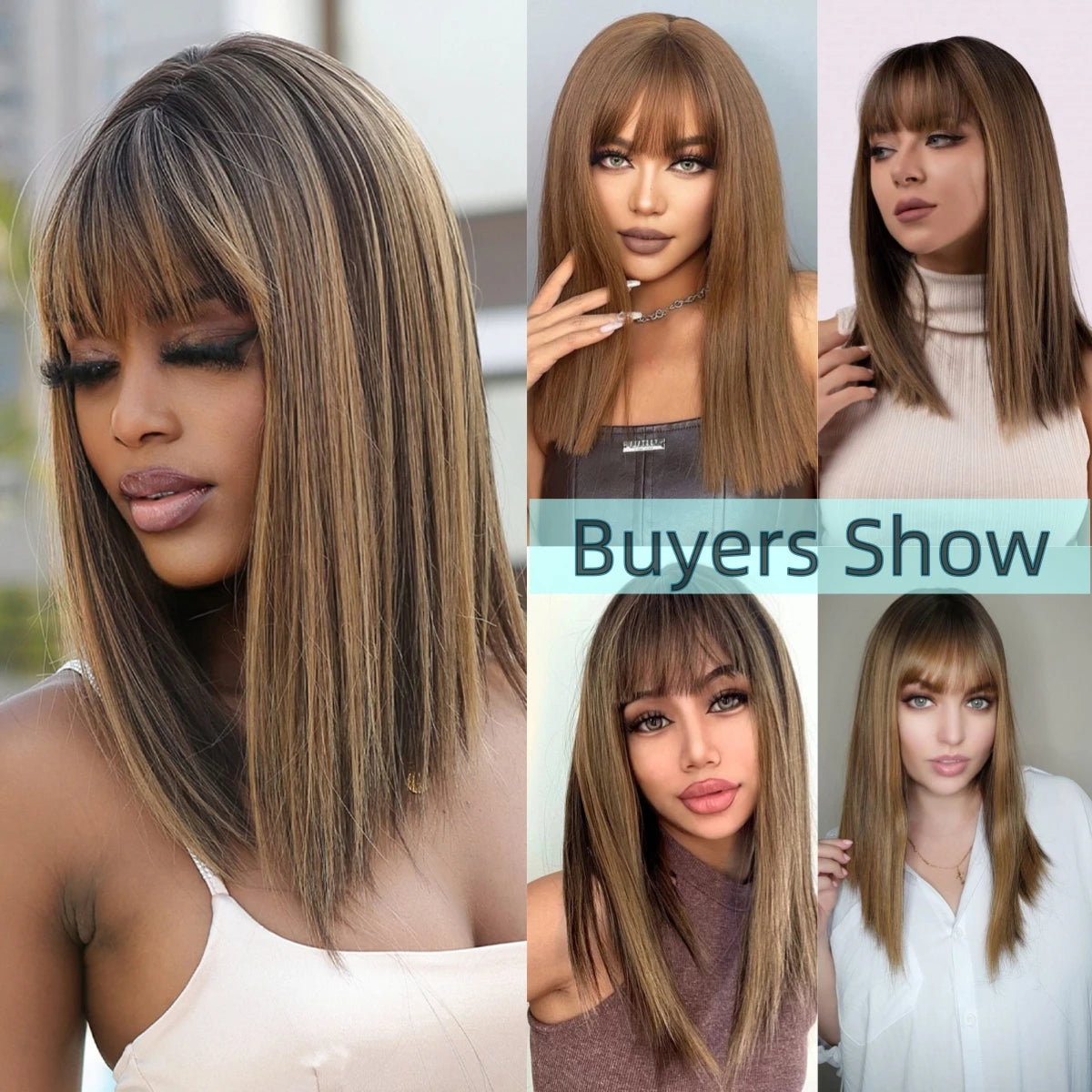 EASIHAIR Fashion Brown Blonde Highlight Synthetic Wigs Straight Hair with Bangs for Women Cosplay Daily Heat Resistant  Bob wig