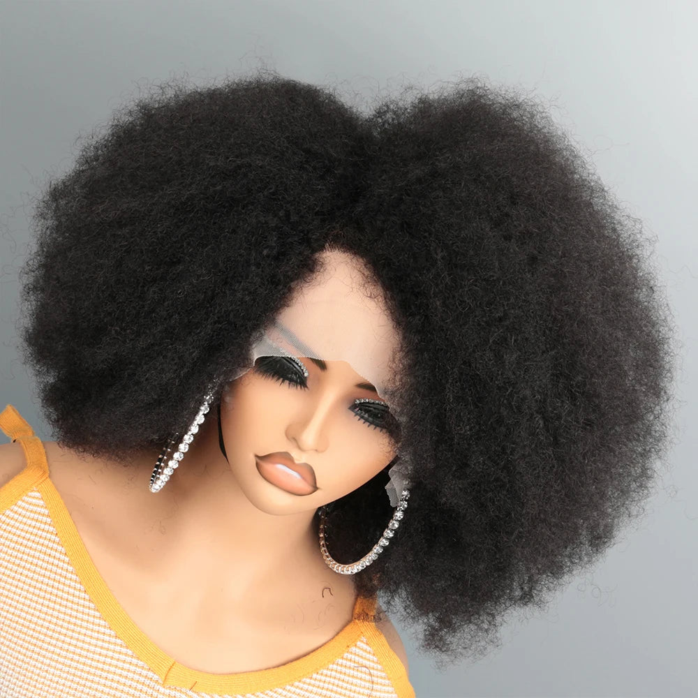 Afro Kinky Curly Lace Front Wig Natural Color Afro Bob Human Hair Natural Hairline 13X4X2 250% Density Short Human Hair Wigs