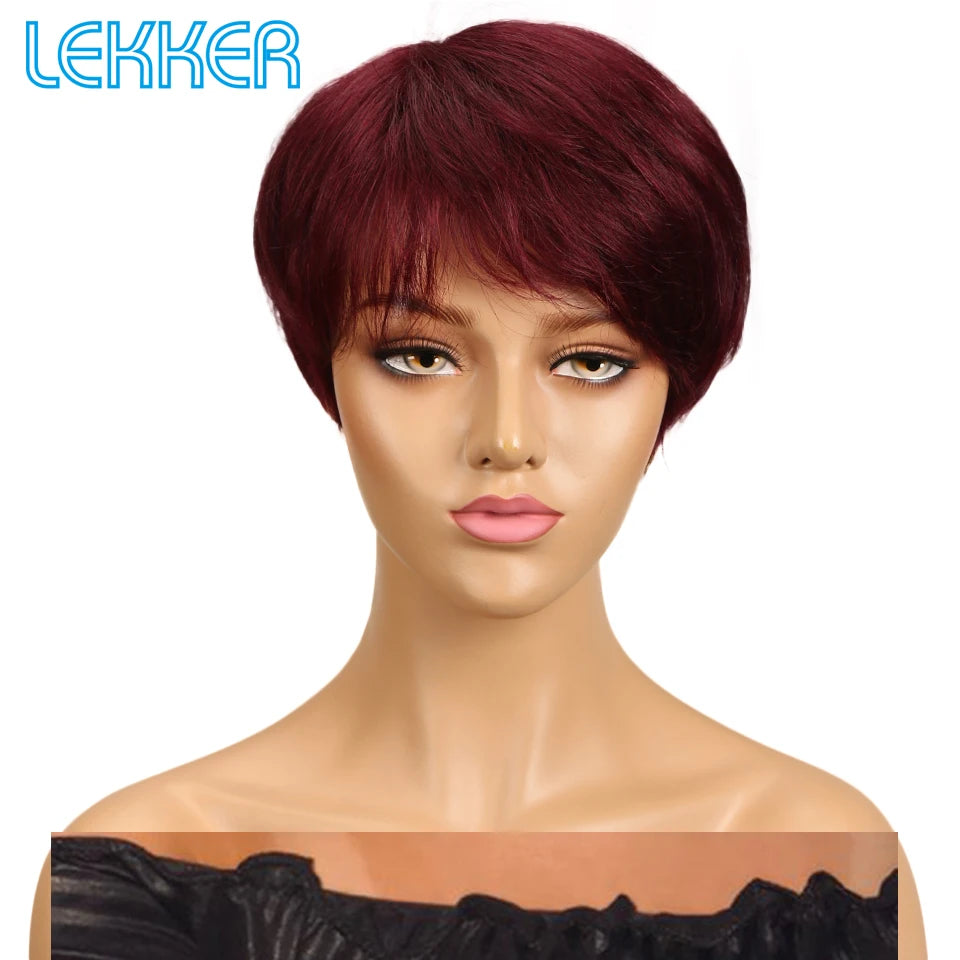 Lekker 99J Burg Red Short Pixie Cut Human Hair Wigs With Bangs For Women Brazilian Remy Hair Colored Straight Bob Full Machine