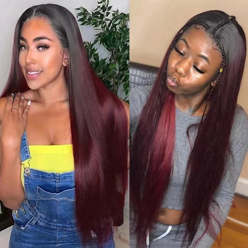 Ombre Hd Lace Front Human Hair Wigs Dark Red Colored Bone Straight Human Hair Wig Glueless Princess 99J Burgundy Brazilian Wigs