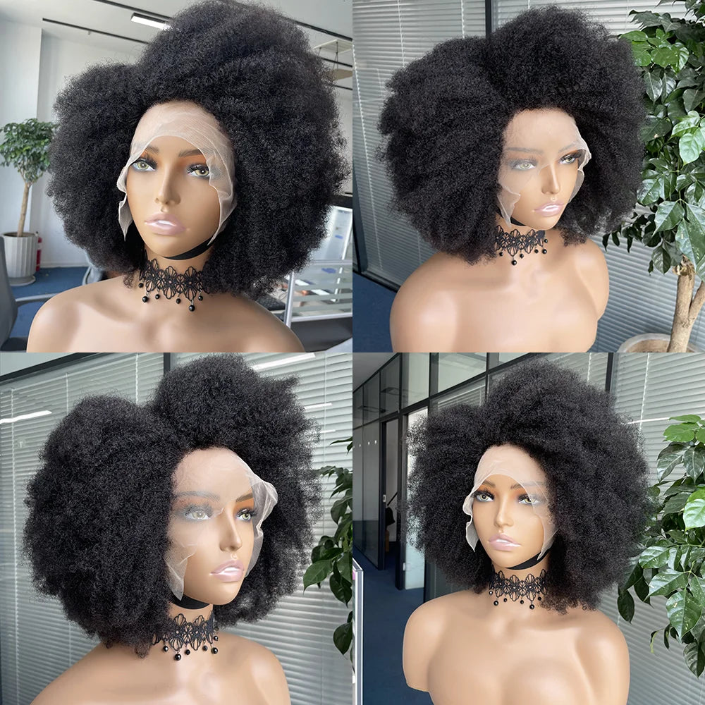 Afro Kinky Curly Lace Front Wig Natural Color Afro Bob Human Hair Natural Hairline 13X4X2 250% Density Short Human Hair Wigs