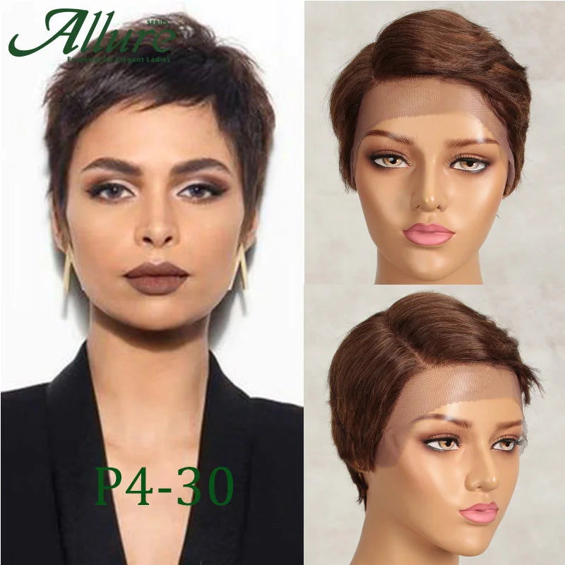 Short Pixie Cut Human Hair Wigs Natural Black Colored Hair T Part Lace Wig Brazilian Cheap Blonde 613 Ombre Remy Hair Wig Allure