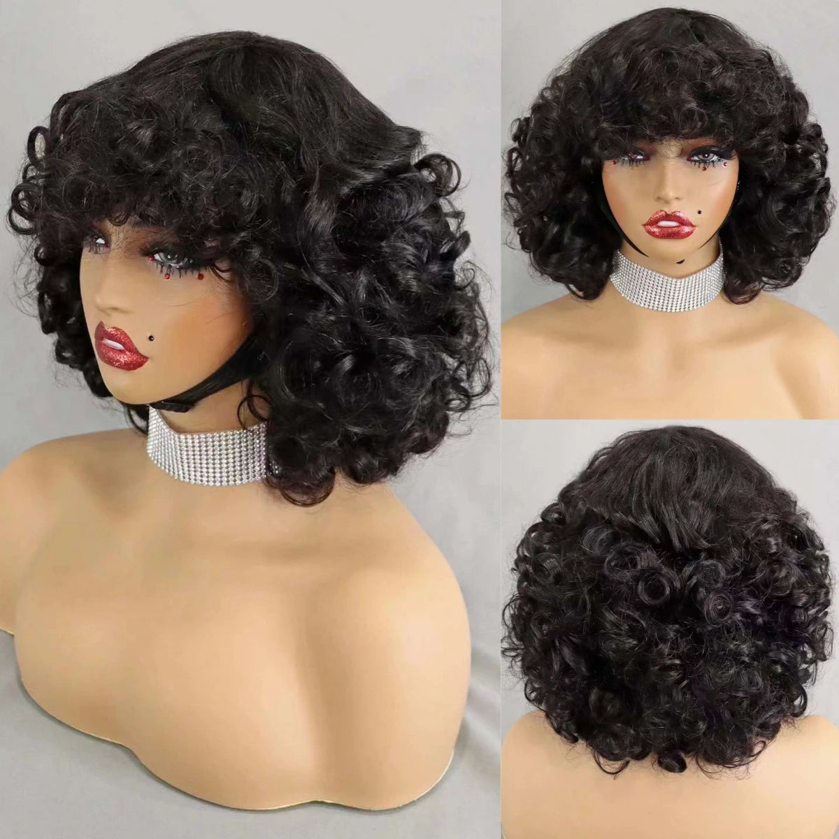 200% Density Brazilian Remy Human Hair Wigs Natural Loose Wave Machine Made Short Bob Wigs Curly Wigs With Bangs For Black Women