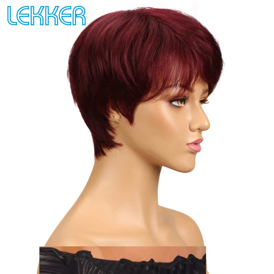 Lekker 99J Burg Red Short Pixie Cut Human Hair Wigs With Bangs For Women Brazilian Remy Hair Colored Straight Bob Full Machine