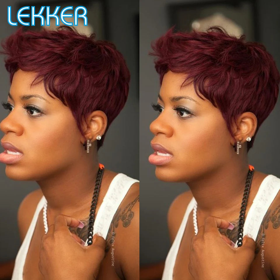 Lekker 99J Burg Red Short Pixie Cut Human Hair Wigs With Bangs For Women Brazilian Remy Hair Colored Straight Bob Full Machine