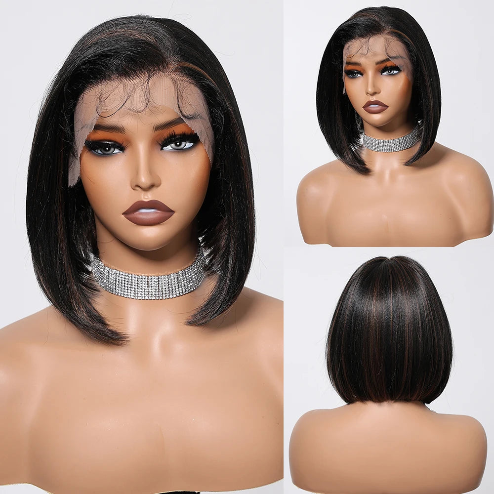 HENRY MARGU Black Bob Lace Front Wigs Brown Highlight Short Straight Daily Synthetic Wig 13*6 Lace Frontal Wig for Women Party