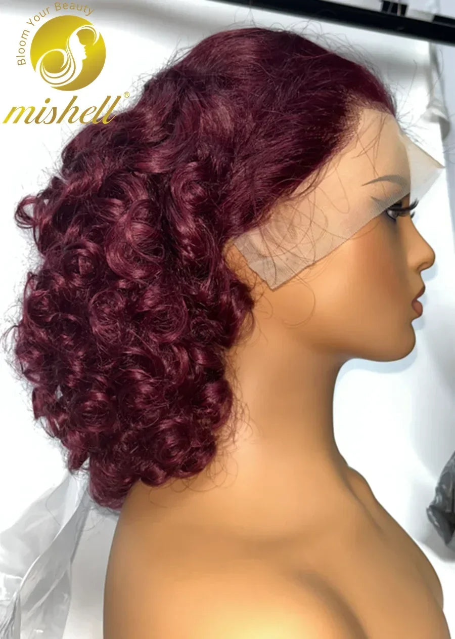 16inch 13x4 Full Lace Frontal Spring Bouncy Curly Human Hair Wigs 250% Density  Burgundy 99J Short Loose Wave Bob Wig PrePlucked