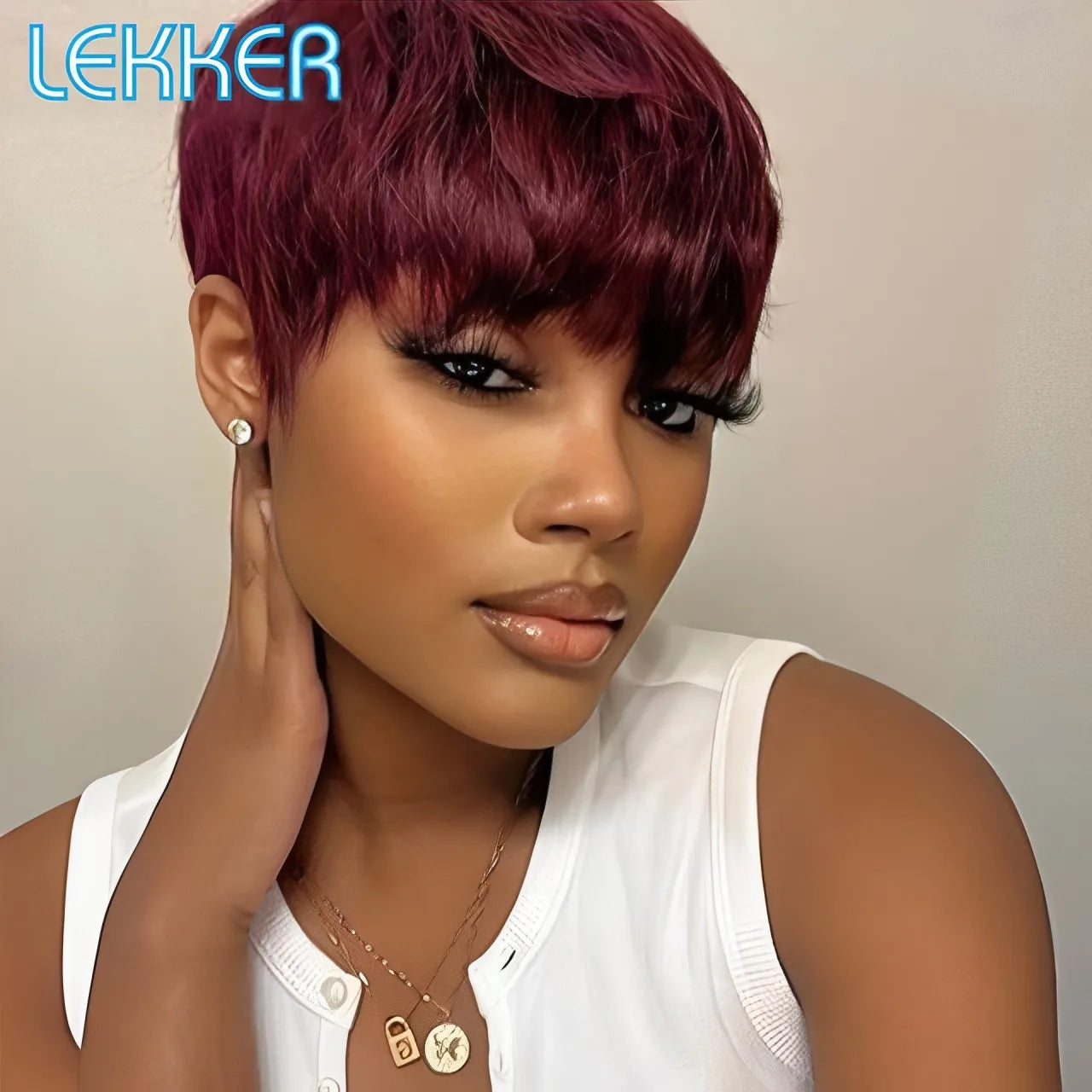 Lekker 99J Burg Red Short Pixie Cut Human Hair Wigs With Bangs For Women Brazilian Remy Hair Colored Straight Bob Full Machine