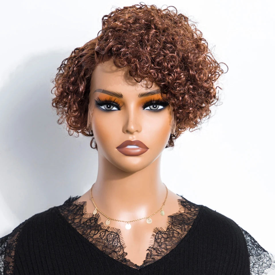 Natural Brown Hair Pixie Cut Wig Short Bob Curly Human Hair Wig 13x1 Lace Front Transparent Deep Curly Hair Lace Wig Preplucked