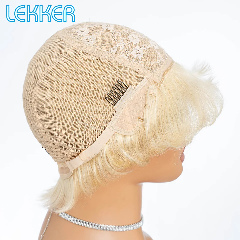 Lekker Highlight Gold Blonde Short Pixie Cut Human Hair Wigs For Women Glueless Brazilian Remy Hair Colored Full Machine Wigs