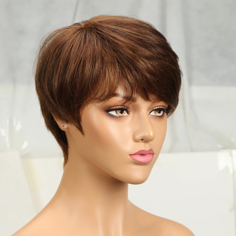 1B Pixie Short Cut Colored Straight Human Hair Wigs With Bangs Fringe Full Machine Made Wigs For Women Brazilian Natural Black