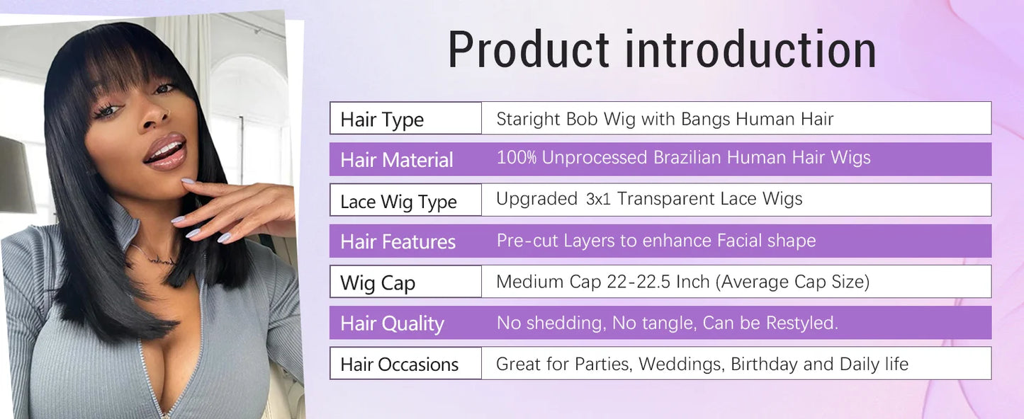 Bone Straight Human Hair Bob Wigs Full Machine With Bangs Glueless 100% Brzailian For Women Choice None Lace Front Cheap On Sale