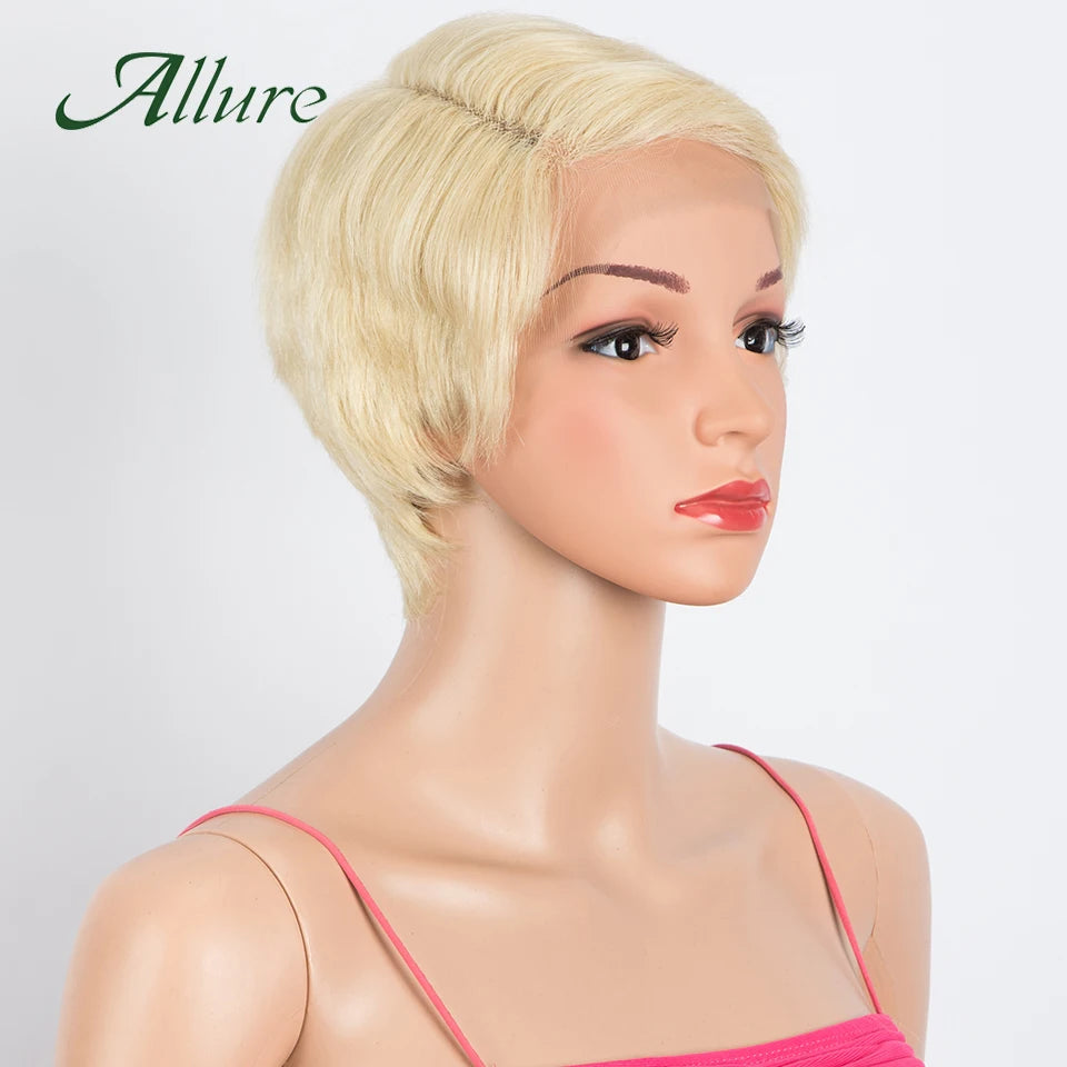 Short Pixie Cut Human Hair Wigs Natural Black Colored Hair T Part Lace Wig Brazilian Cheap Blonde 613 Ombre Remy Hair Wig Allure