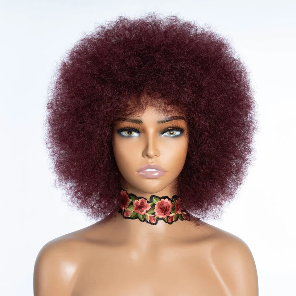 Fluffy Afro Kinky Curly Human Hair Wig With Thick Bangs 99J Red Short Bob Wigs For Black Women 180% Density Full Machine Hair