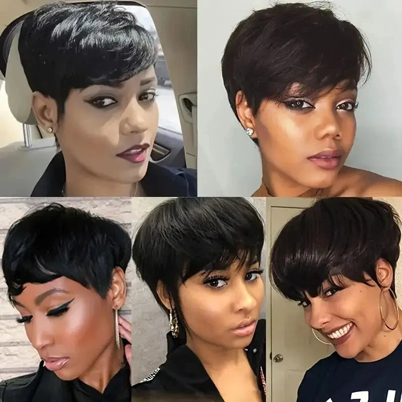 Pixie Cut 100% Full machine Human Hair Wig with Bangs for Women Short Layered Human Hair Brazilian Natural Black Hairs Cheap Wig