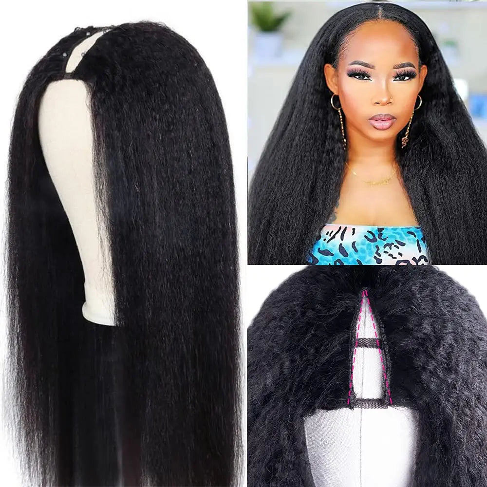 V Part Kinky Straight Wigs Human Hair For Women No Leave Out Natural Color Machine Made V Part Yaki Straight Wigs Brazilian Hair