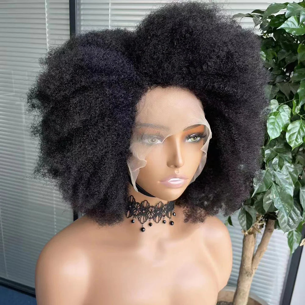 Afro Kinky Curly Lace Front Wig Natural Color Afro Bob Human Hair Natural Hairline 13X4X2 250% Density Short Human Hair Wigs