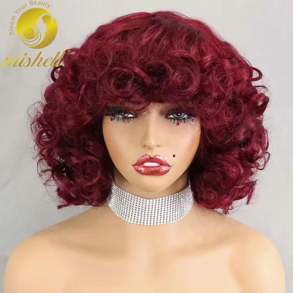 200% Density 99J# Burgundy Bouncy Curly Human Hair Wigs with Bangs Short Machine Made Loose Curly Bob Wigs PrePlucked for Women