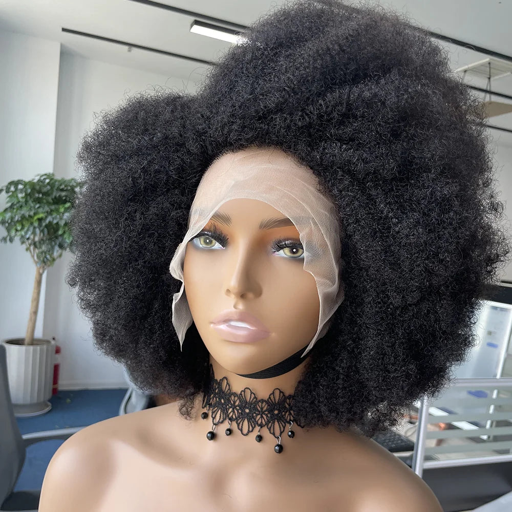 Afro Kinky Curly Lace Front Wig Natural Color Afro Bob Human Hair Natural Hairline 13X4X2 250% Density Short Human Hair Wigs