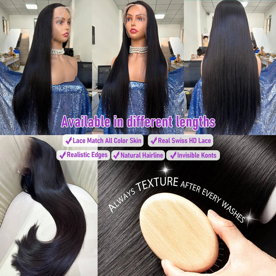 30 40Inch Bone Straight 13x6 HD Transparent Lace Front 100% Human Hair Wigs 250 Density 13x4 Lace Frontal Raw Hair Wig For Women