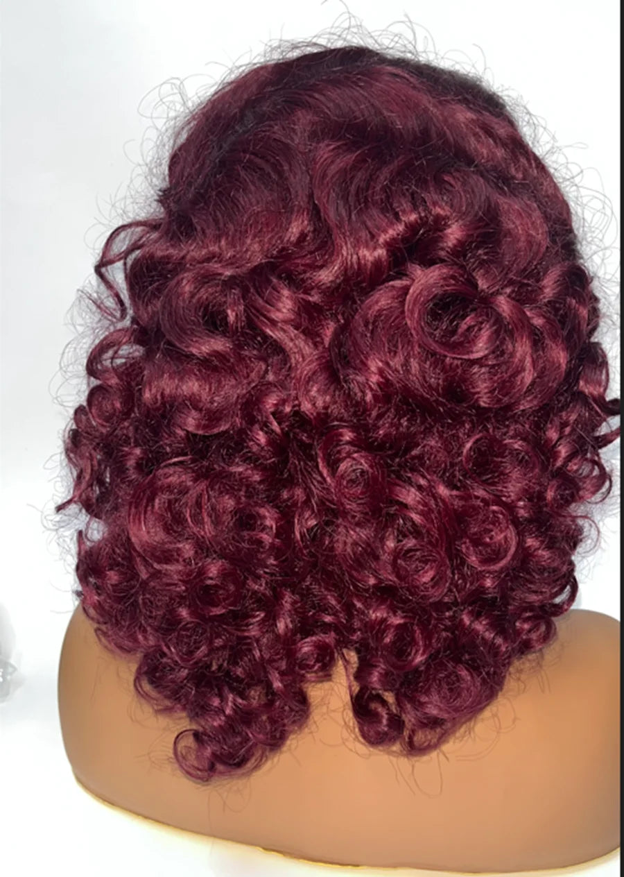 16inch 13x4 Full Lace Frontal Spring Bouncy Curly Human Hair Wigs 250% Density  Burgundy 99J Short Loose Wave Bob Wig PrePlucked