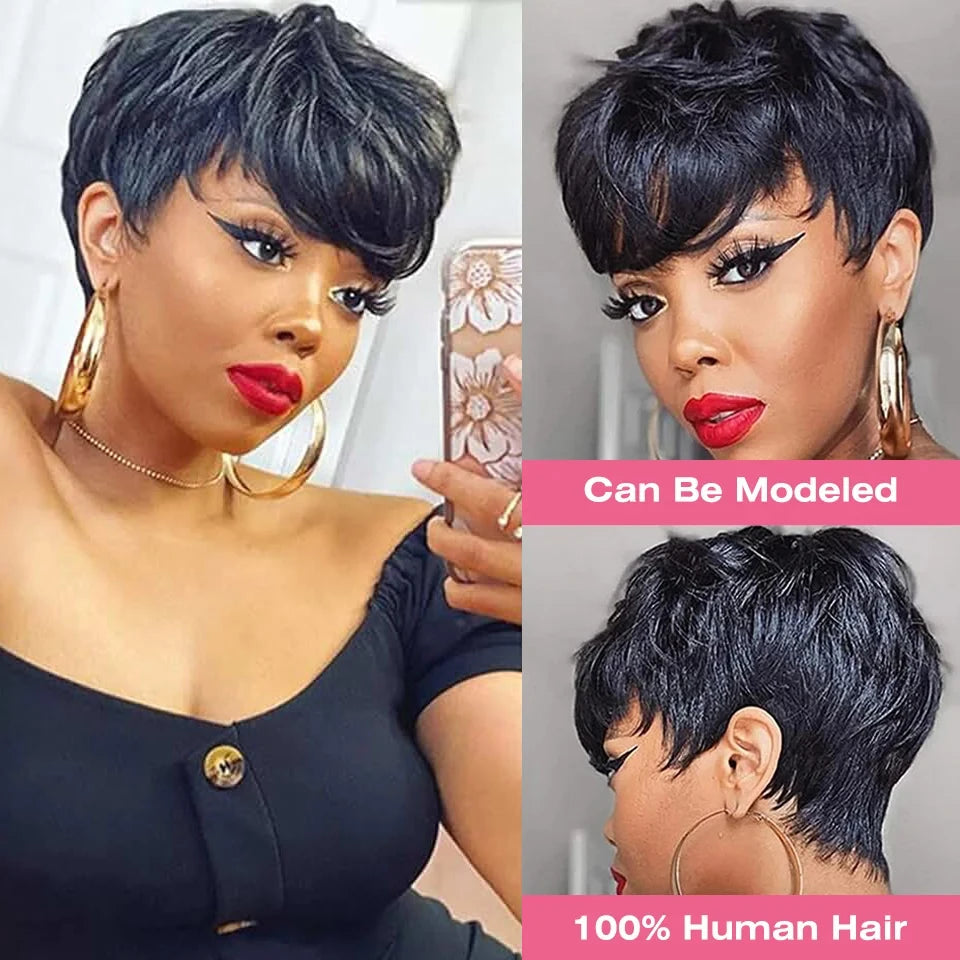 Pixie Cut 100% Full machine Human Hair Wig with Bangs for Women Short Layered Human Hair Brazilian Natural Black Hairs Cheap Wig