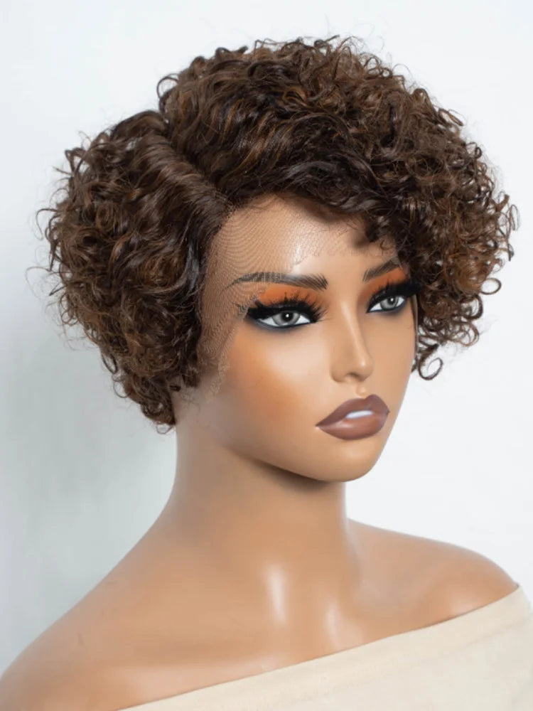 Natural Brown Hair Pixie Cut Wig Short Bob Curly Human Hair Wig 13x1 Lace Front Transparent Deep Curly Hair Lace Wig Preplucked