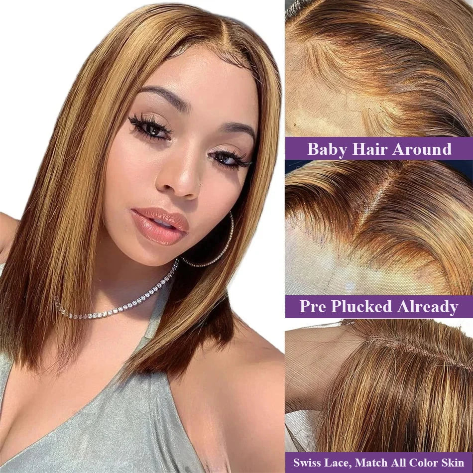 #4/27 Highlight Color 13x4 Short Bob Wigs Straight Human Hair Piano Highlight Color HD Transparent Lace Frontal Wigs For Women